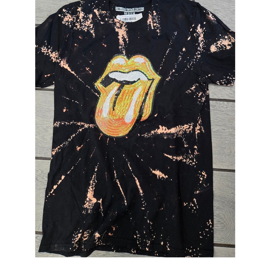 Distressed Vintage Couture Black Tie Dye Sequined Lip Tee Rolling Stones Style M